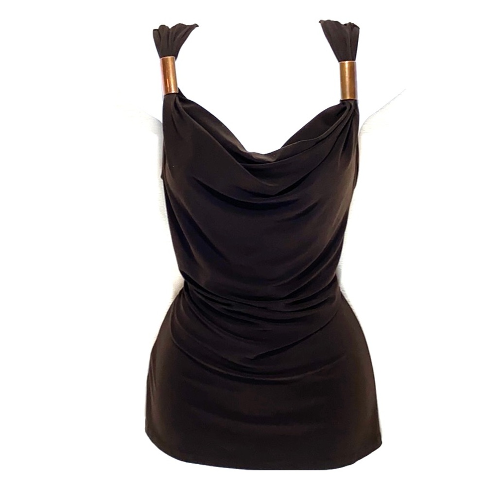 Chocolate Brown Drape Neck Top w/Brass Accents